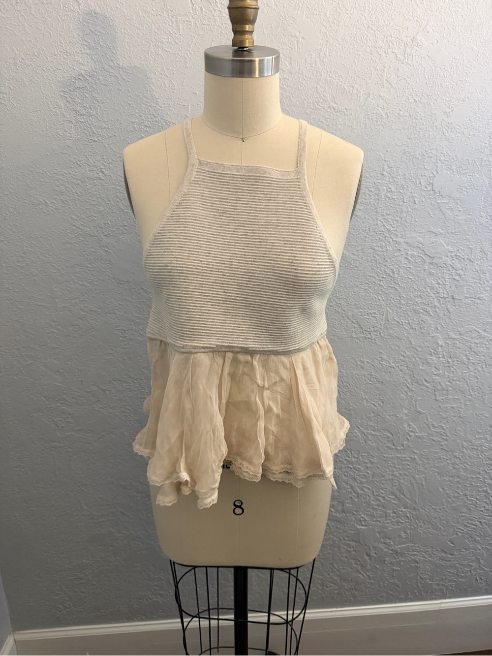 Anthropologie Cream Crochet Halter Peplum Tank